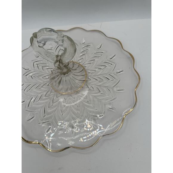 Center Handle Tray Feather by JEANNETTE Glass 12" x 6" Gold Trim Cottage Core - Picture 4 of 7